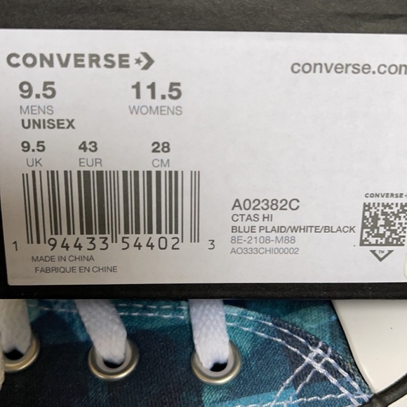 Converse Chuck Taylor All Star Hi Blue Plaid/White/Black MEN`S - Picture 16 of 16